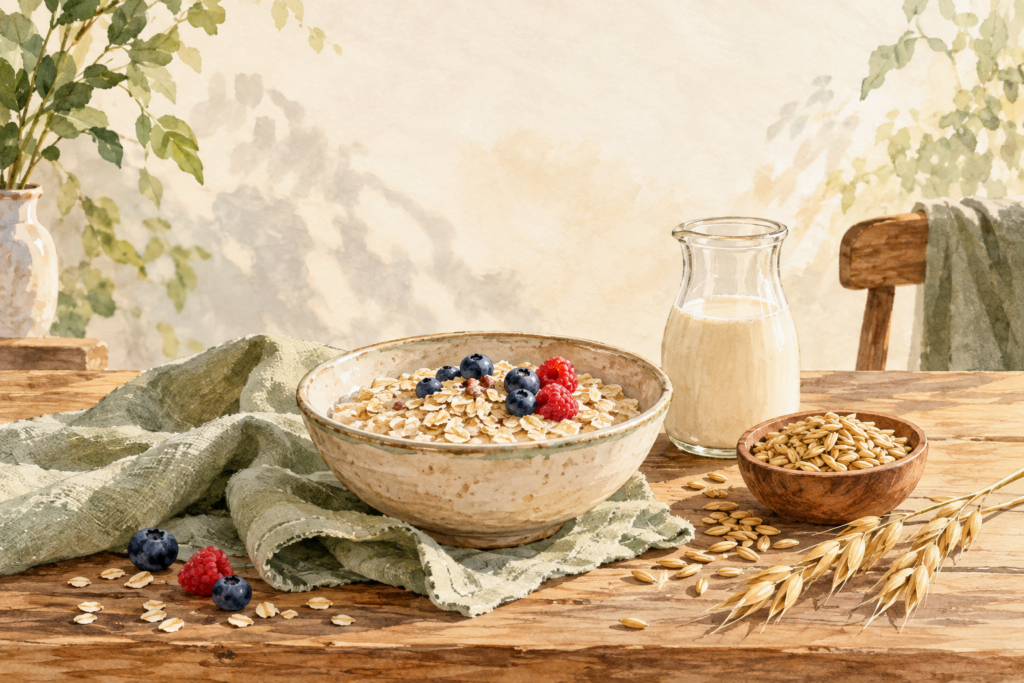 Haferflocken 8 Haferfrühstück mit Beeren, Haferdrink und Haferkörnern auf einer Leinentischdecke