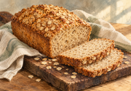 Angeschnittenes Haferbrot mit Haferflockenkruste auf einem Holzbrett