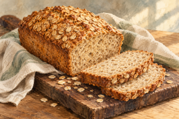 Angeschnittenes Haferbrot mit Haferflockenkruste auf einem Holzbrett