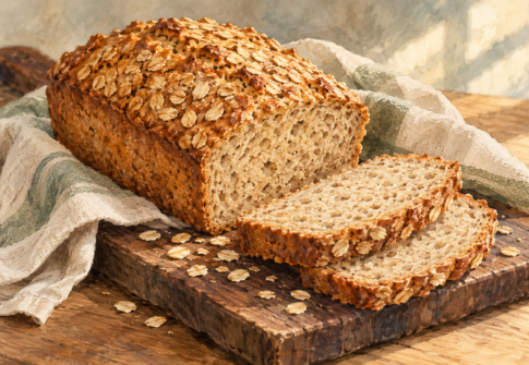 Angeschnittenes Haferbrot mit Haferflockenkruste auf einem Holzbrett