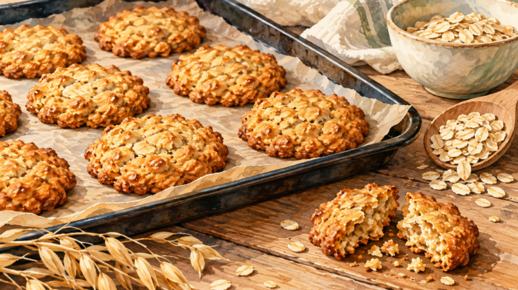 Einfaches Rezept für Haferkekse 1 Goldbraune Haferkekse auf einem Backblech mit Backpapier