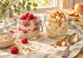 Overnight Oats mit Himbeeren sowie Apfel und Nüssen in zwei Gläsern