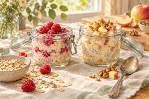Haferflocken 6 Overnight Oats mit Himbeeren sowie Apfel und Nüssen in zwei Gläsern