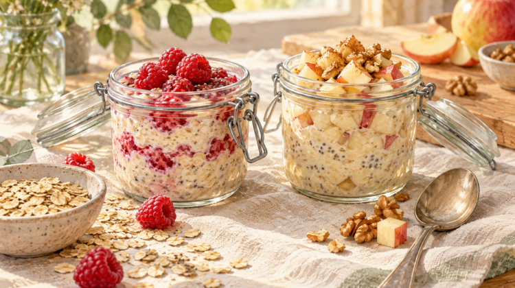 Overnight Oats mit Himbeeren sowie Apfel und Nüssen in zwei Gläsern