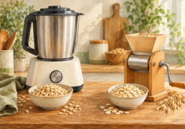 Küchenmixer und Handflocker mit zerkleinertem Hafer und gewalzten Flocken