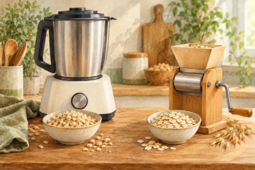Küchenmixer und Handflocker mit zerkleinertem Hafer und gewalzten Flocken